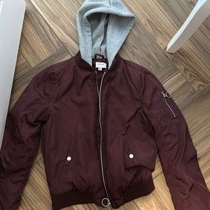 Maroon jacket with grey hoodie